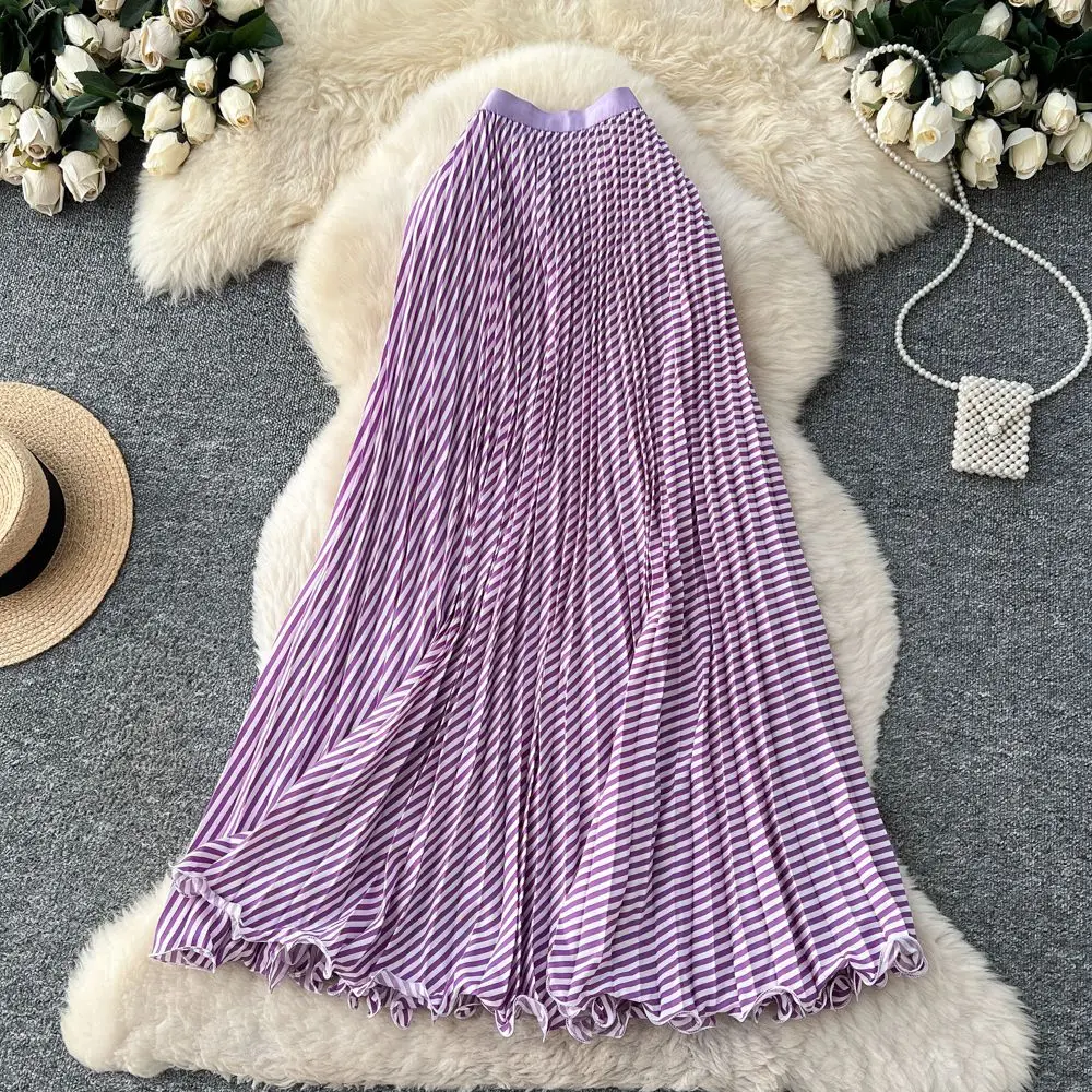 

Полосатая клетчатая плиссированная длинная юбка, женская танцевальная вечеринка, пляжная юбка, весна, лето, осень, черный, белый, фиолетовый, трапециевидной формы с высокой талией