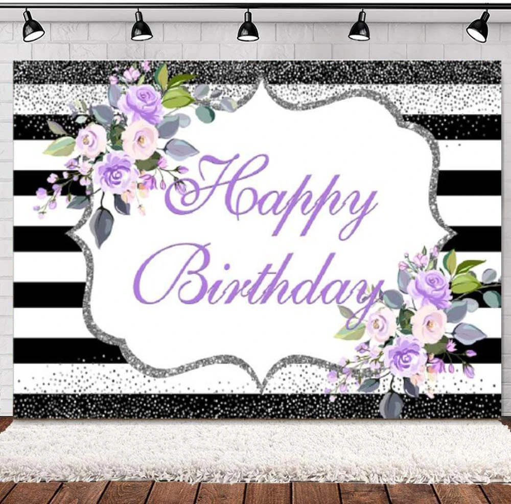 

Purple Floral Happy Birthday Photography Backdrop Black White Stripes Flowers Silver Dots Background Girls Sweet 16 Party Decor