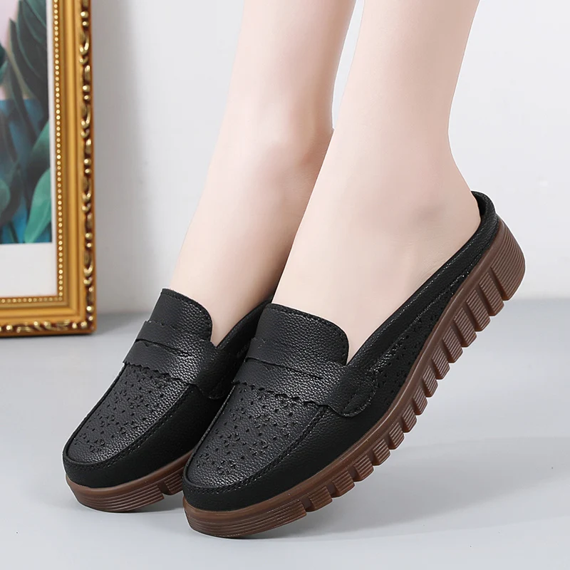 Genuine Leather Women Flats Hollow Slip On Leather Loafers Ladies Shoes Korean Style Soft Moccasins Half Slippers Big Size 42 43