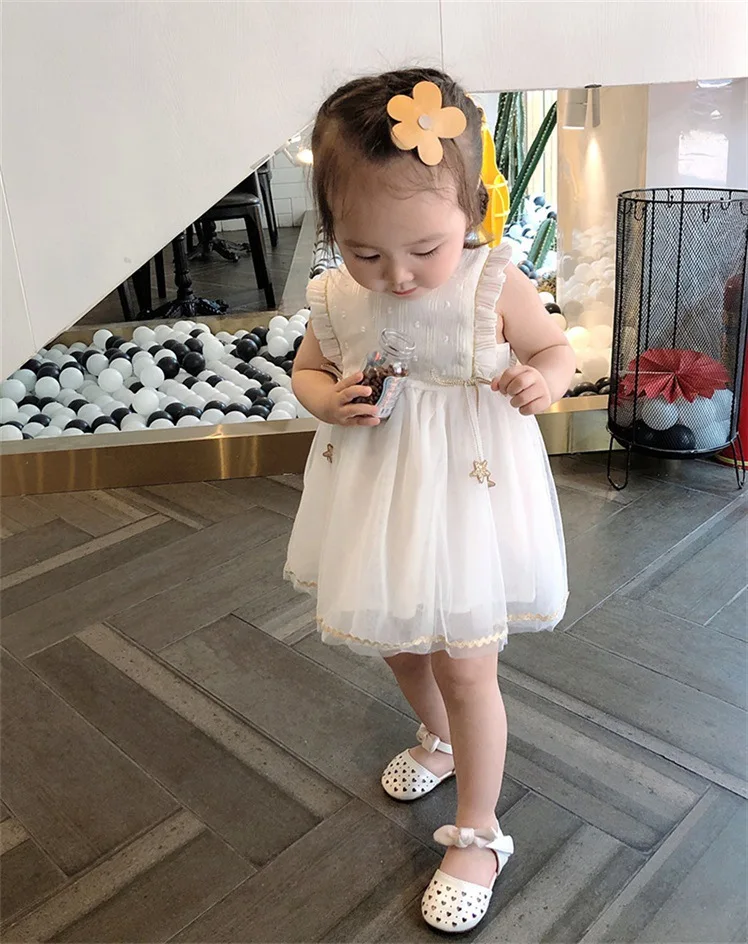 Girls Dress Children Clothing 2024 Summer New O-neck Sleeveless Ruffle Gauze Bow with Pentagram Cute Sweet Princess Ball Gown