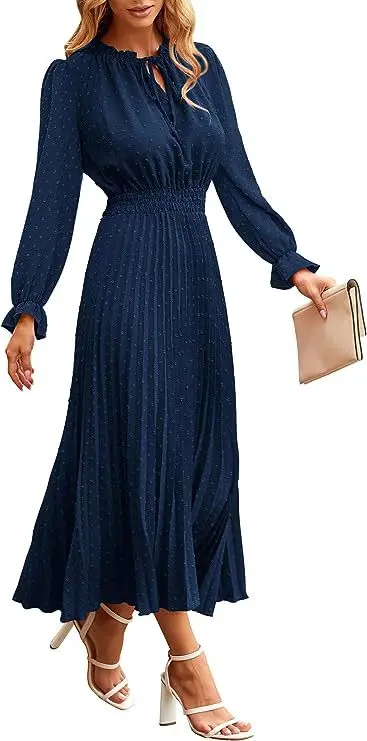 

Women's 2024 Fall Midi Dress Casual Long Sleeve V Neck Swiss Dot Pleated A Line Beach Dresses Maxi Dresses for Women