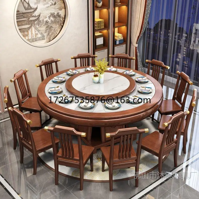 

All solid wood rock slab dining table and chair combination 2 meters large round table hemming turntable dining table