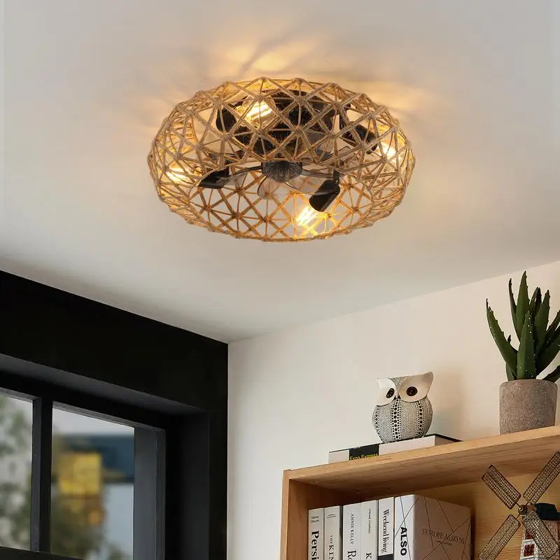 Ceiling-Mounted Jute Rope Fan Light Strip with 4 LED Bulbs, Dimmable, 7 Blades, Reversible DC Motor, Adjustable Brightness and