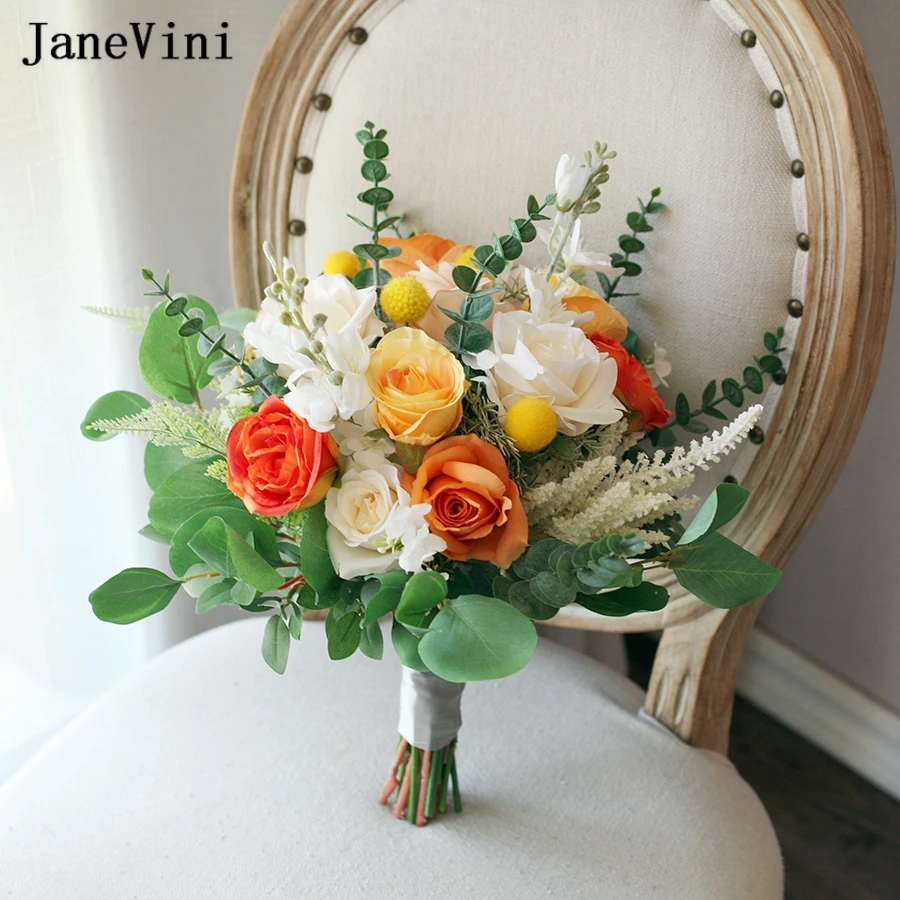 JaneVini Romantic Orange Yellow Roses Bridal Bouquets Spring Wedding Bouquet Charm Handmade Silk Flowers Hydrangea Ramo De Novia