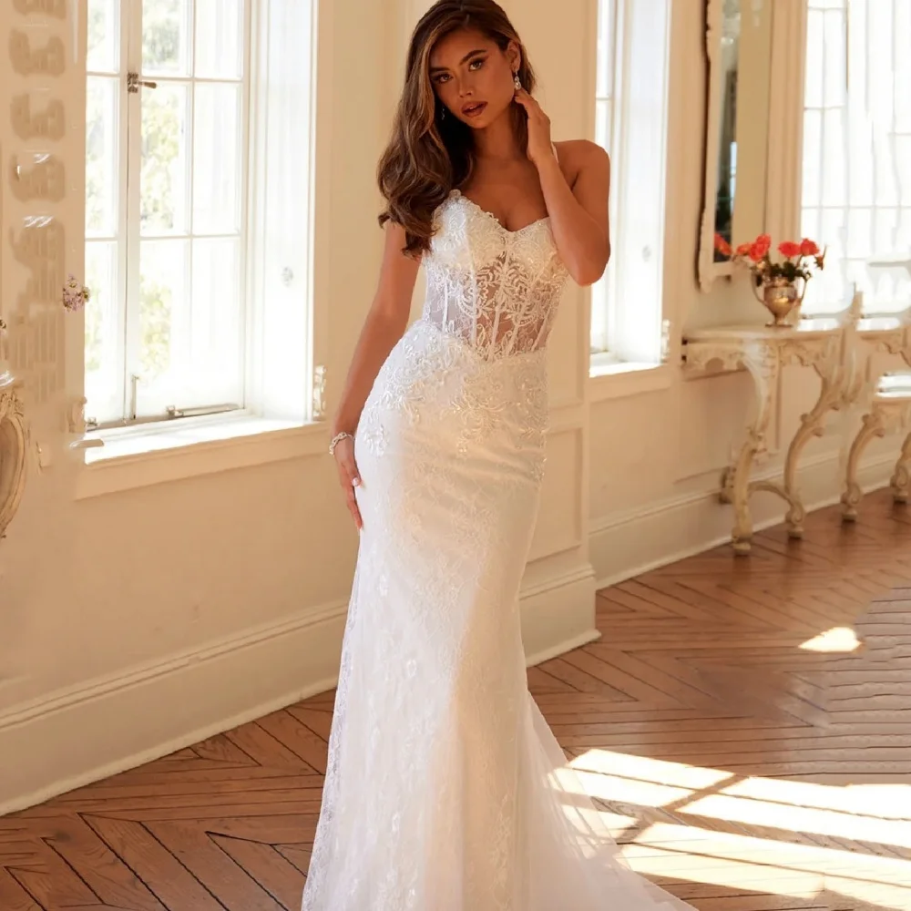 

Customized Lace Up Wedding Dresses Mermaid V Neck Luxury Bridal Dress Spaghetti Straps Bride Dress Vestidos De Novia