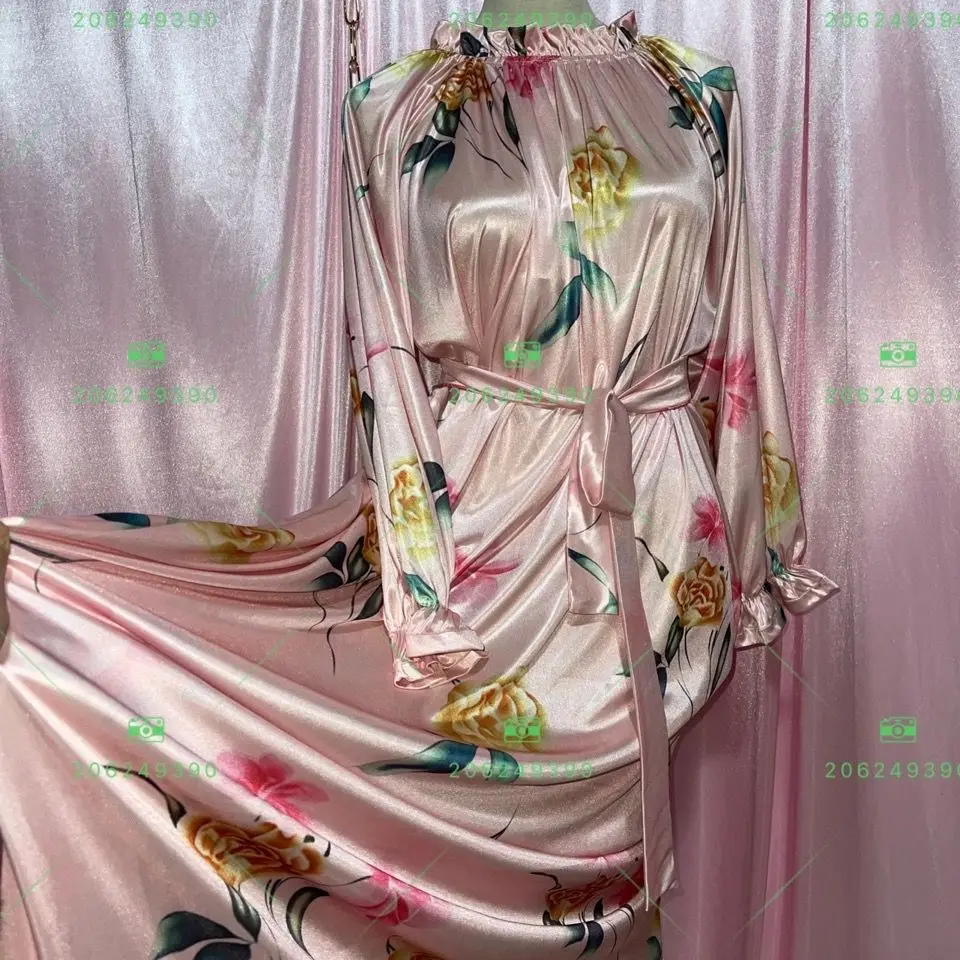 

Floral Print Glossy Women Satin Long Sleeve Dress Loose Lace Up Maxi Dress Plus Size Sleeping Robe