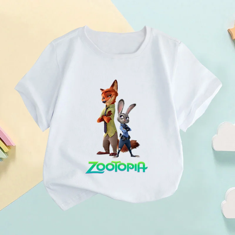 Zootopia Nick Wilde Judy Hopps Print Cartoon Kids T-shirt Children's Clothes Summer Baby Girls Tops Boys Short Sleeve T shirts