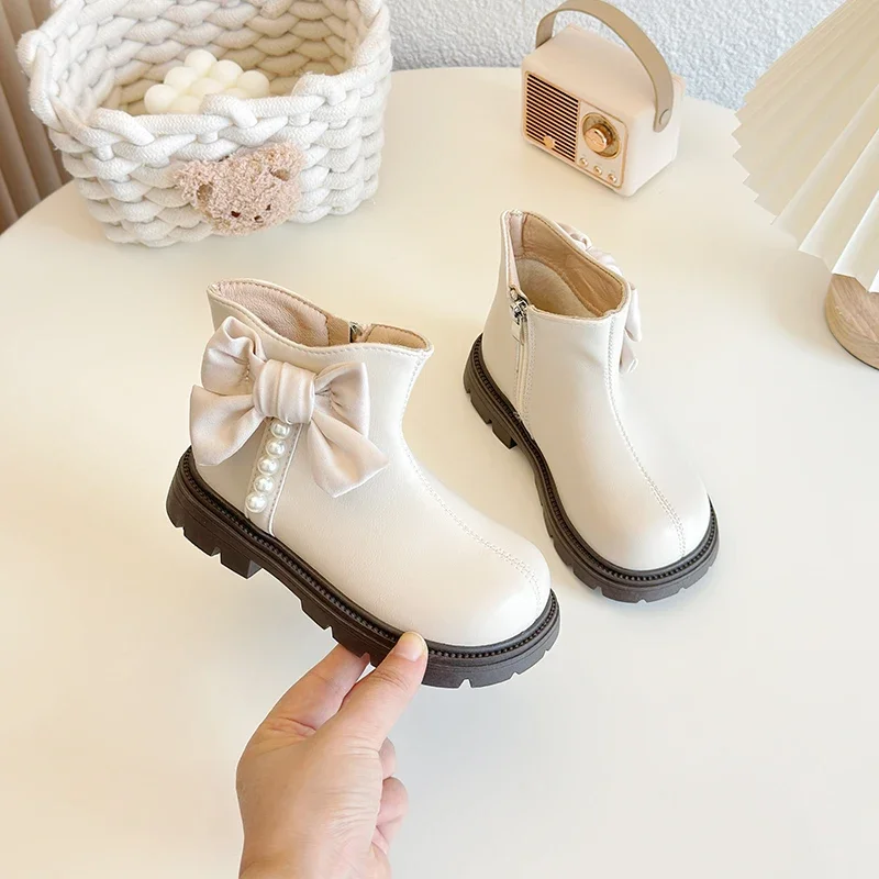 Novo inverno crianças botas para a menina doce bowknot princesa moda bege tornozelo botas elegantes versáteis botas de algodão causal das crianças