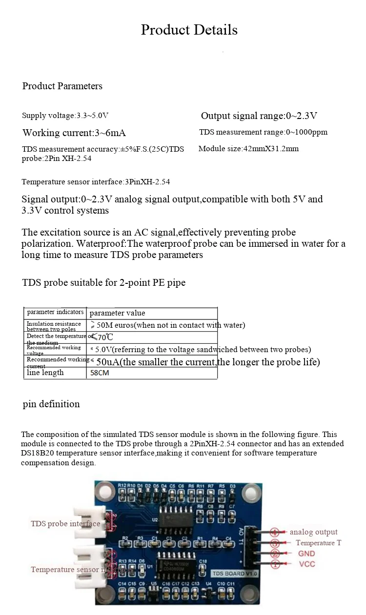 TDS-Sensormodul, analoges Signal, gelöste Feststoffe, Wasserqualitätsprüfung, geeignet für 51/STM32. – Detail 4