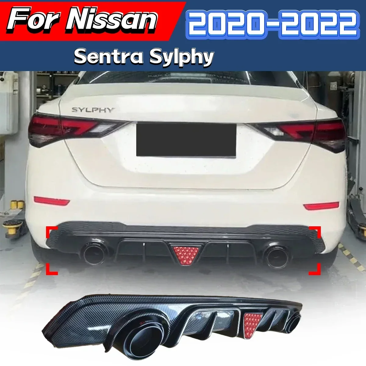 For Nissan Sentra Sylphy 2020-2022 Rear Lip Rear Bumper Diffuser with LED Light Dual Tube Decoration Body Rear Surround Kit