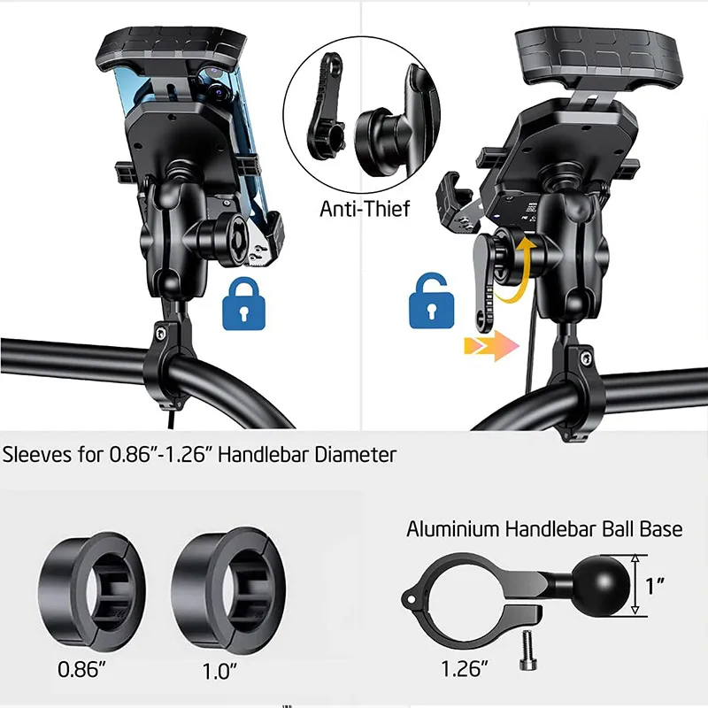 Supporto per telefono wireless per moto antifurto Supporto per caricabatterie rapido 15W e USB C 3A Supporto per moto per manubrio per telefono da 4.0-7.0 