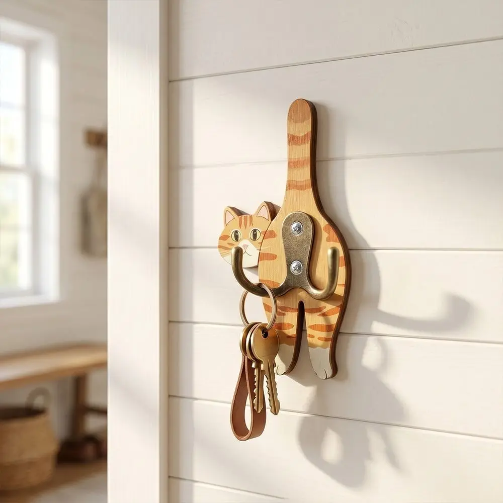 Practical Wooden Cat Shaped Wall Hook Wall Mounted Cartoon Animal Wall Hook Decorative Cute Key Hanger for Entrance