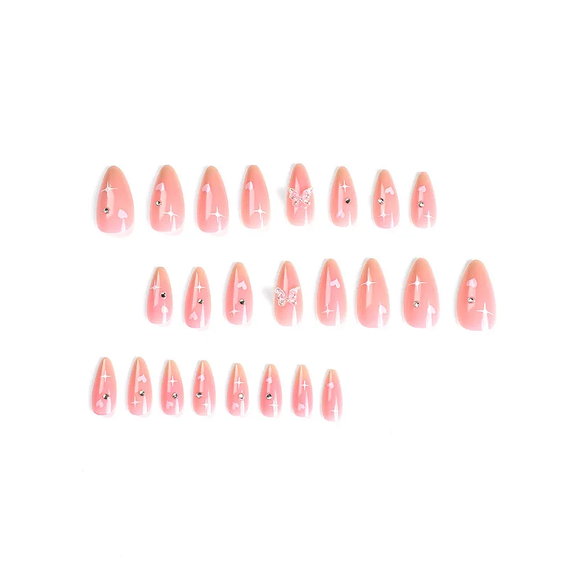 24 Pcs Pink Fake Nails with Glue 3d Butterfly Cheap Press on Nails for Beautiful Gluing Almond False Nails Prosthetic Nail Set