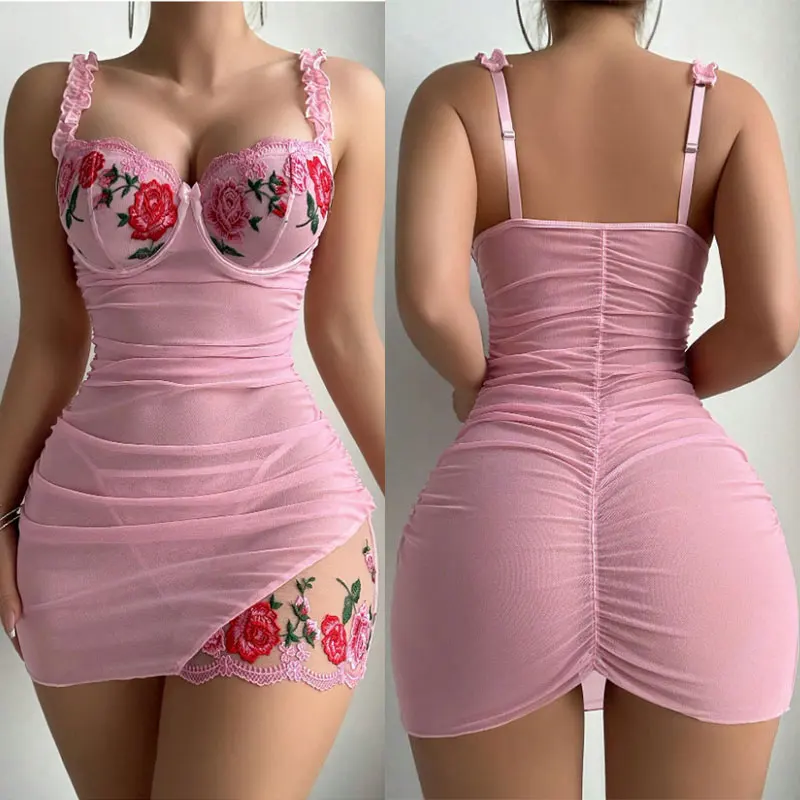 Sexy Adult Lingerie Sets Embroidery Underwire Bra Set Erotic Woman Chemise Nightdress Transparent Clothing Mini Dress