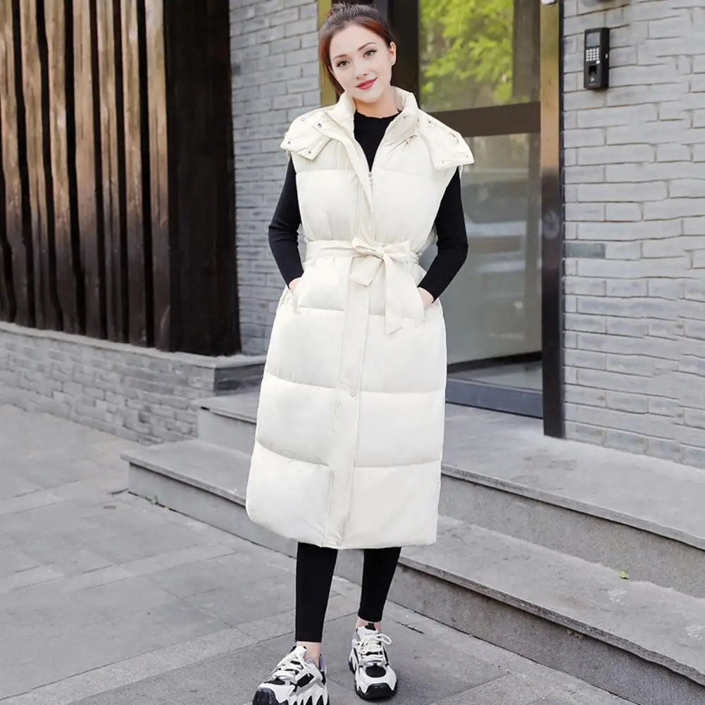 Winter Women Waistcoat Thickened Padded Zipper Closure Hooded Vest Coat Sleeveless Windproof Heat Retention Outdoor Down Coat