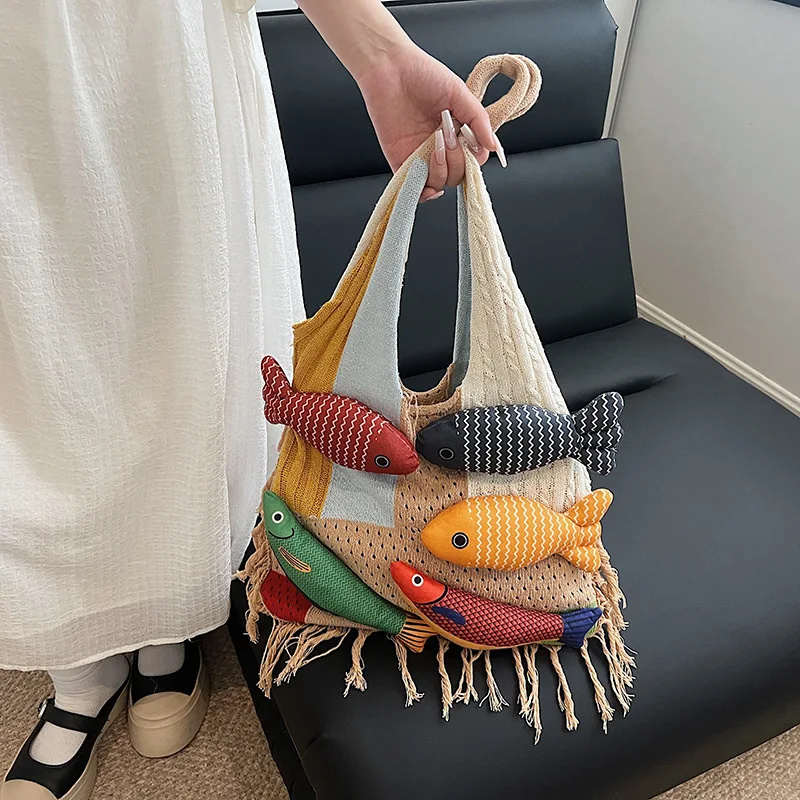 

Tote bag with large capacity tassel splicing design versatile yarn knitted bag single shoulder dog tooth tote bag