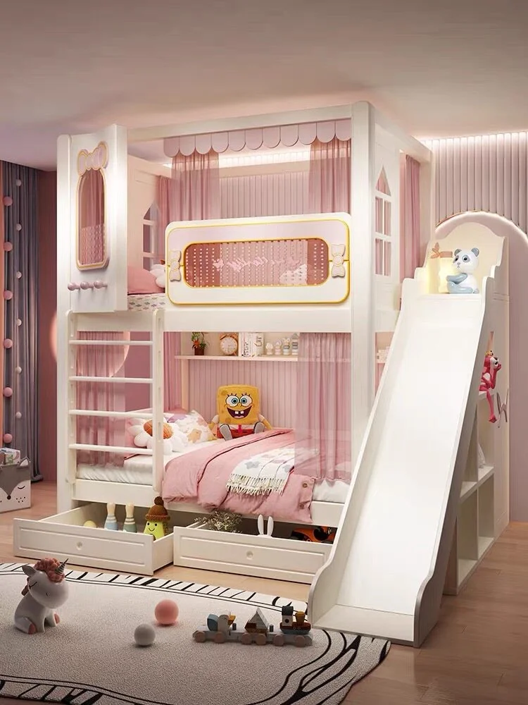 Children's Wooden Bunk Bed Princess Castle Treehouse Design High Guardrail High Low Bunk Bed Girls Bedroom Eco-Friendly Durable