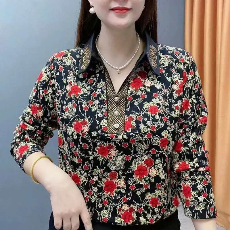 Women\'s Clothing Vintage Floral Printed Blouse Casual V-Neck Button Chic Diamonds 2024 Spring Autumn Stylish Long Sleeve Shirt