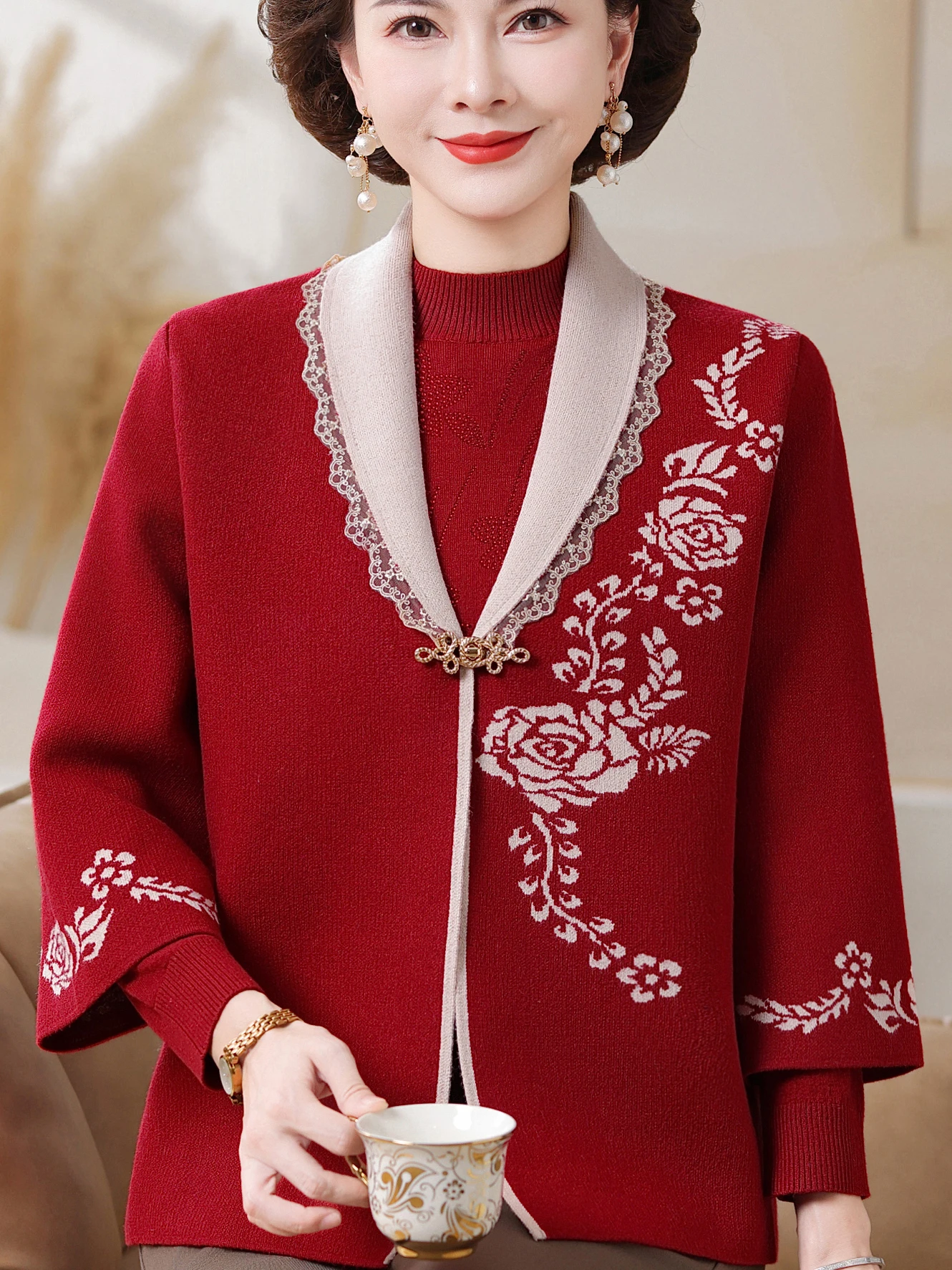 

Модный вязаный топ для матери, китайский комплект из двух предметов для свадебного торжества, дышащий свободный крой, авп