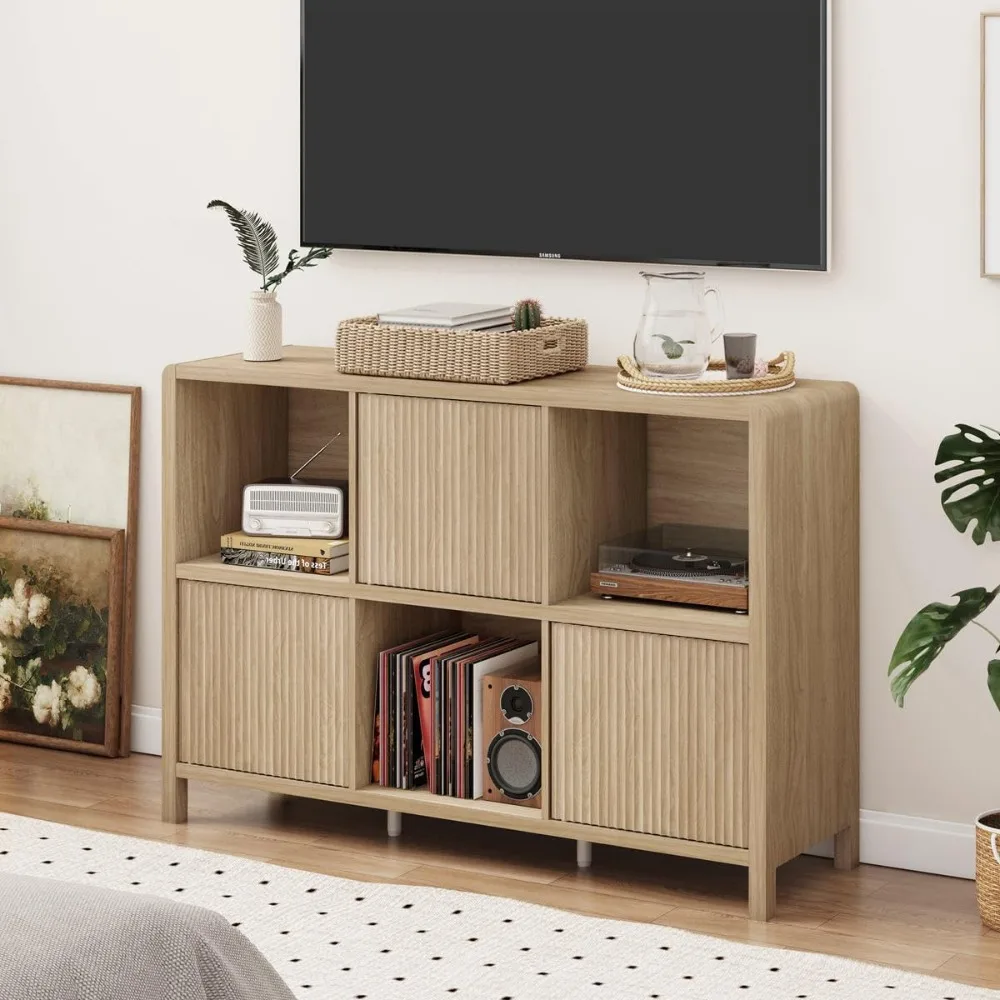 رف كتب خشبي أفقي حديث مع 3 أبواب، خزانة كتب حجيرة للتخزين للمكتب المنزلي، لون فاتح