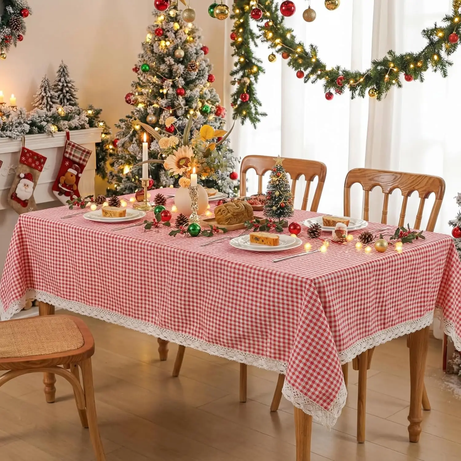 Red and White Grid Plaid Table Cloth with Tassels,Machine Washable Farmhouse Table Cover,Christmas Decor,Picnic,wedding Decor