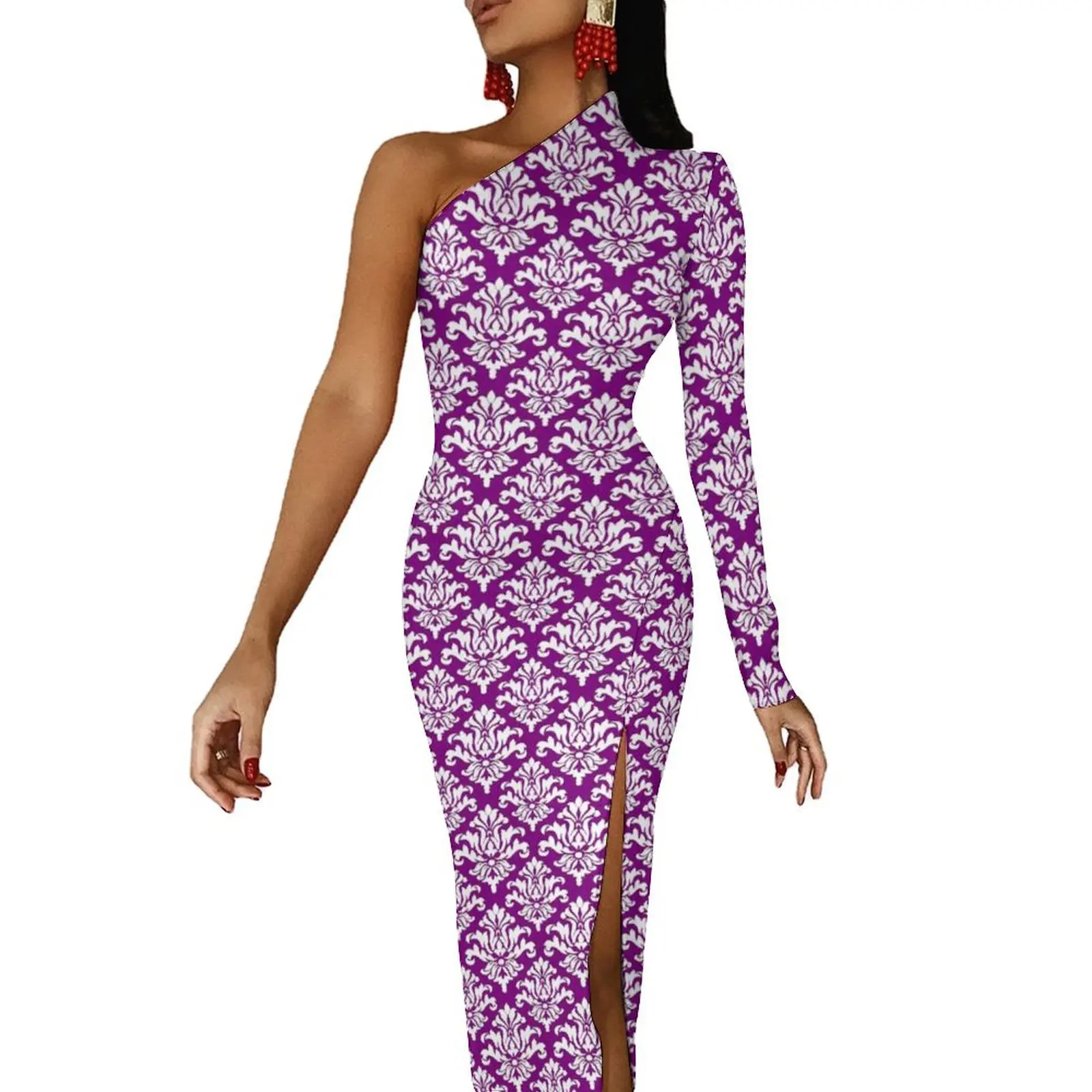 

Purple Damask Maxi Dress Long Sleeve Vintage Print Club Bodycon Dress Autumn Street Style Long Dresses Female Custom Vestidos