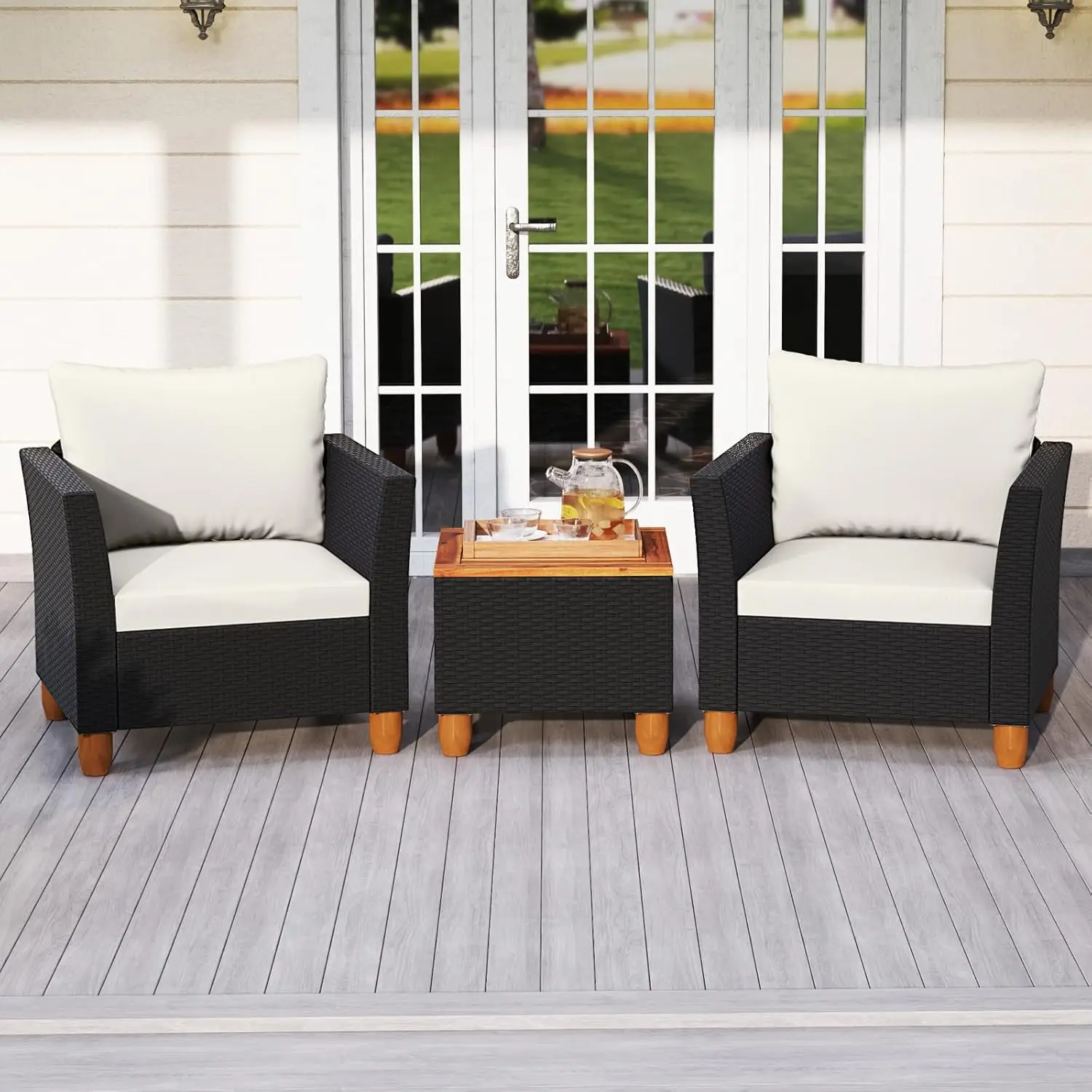 

3-Piece Patio Furniture Set - Rattan Wicker Chairs w/Cushions, Acacia Wood Storage Coffee Table, Outdoor Conversation