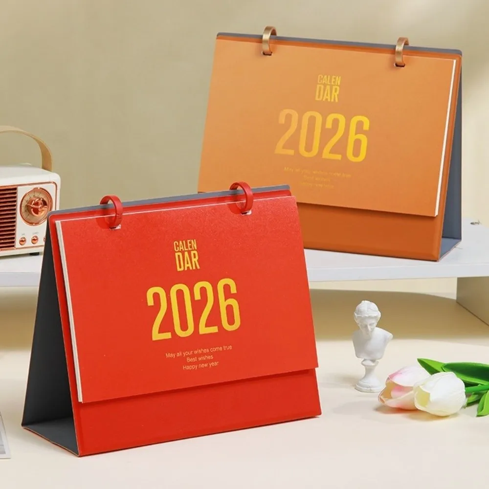 

Chinese Style 2026 Desk Calendar Solid Color Coil Binding Monthly Planner PU Leather Simple Standing Flip Calendar Office Use