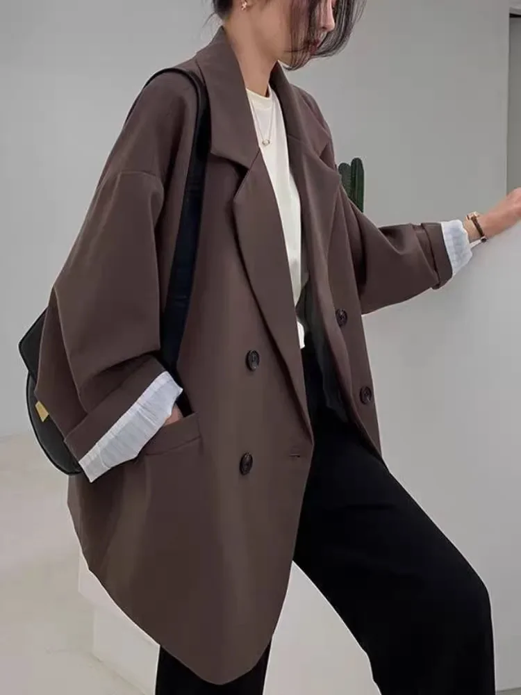 Women's Casual Double-Breasted Blazer Loose Korean Office Workwear Jacket Oversized Spring Autumn Coat Za-Inspired Trend Style