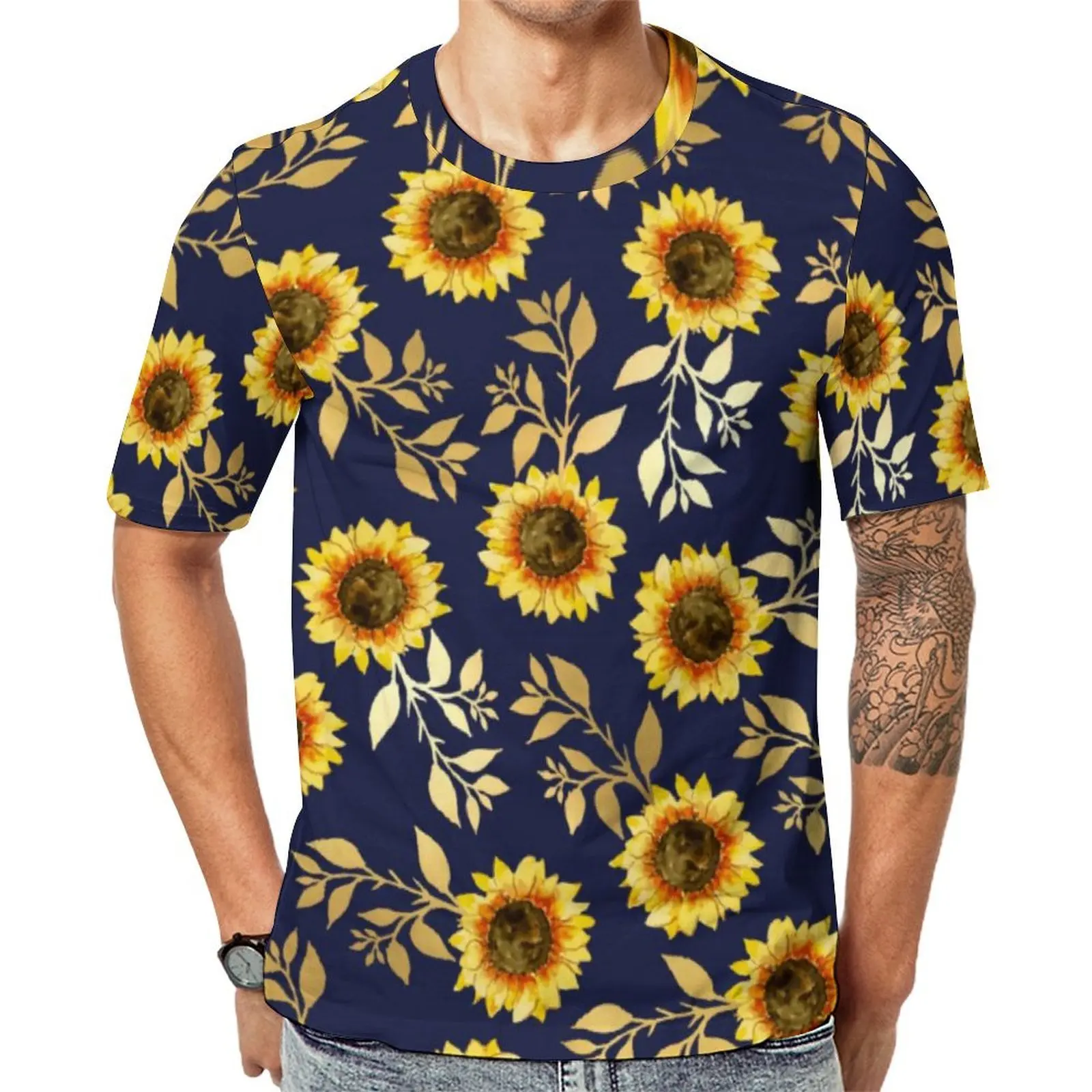 Oversized T-Shirt Beach Gold Navy Sunflower T Shirts Leaves Print Basic O Neck Tshirt Man Harajuku Graphic Tops