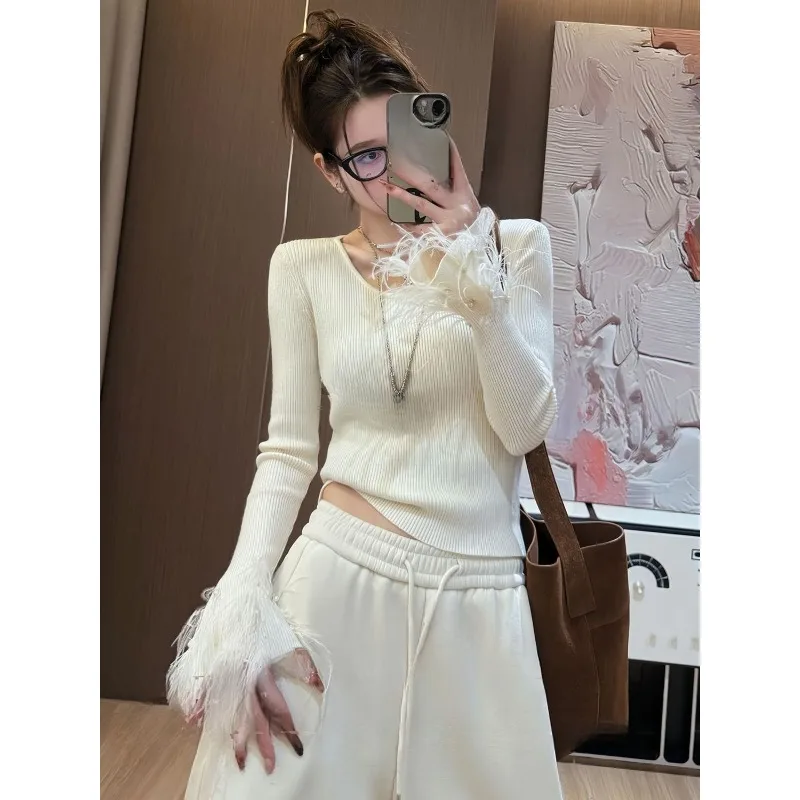 

Серый свитер с рукавами-трубой из бисера для женщин, осенне-зимняя рубашка с U-образным вырезом, тонкий свитер, топ