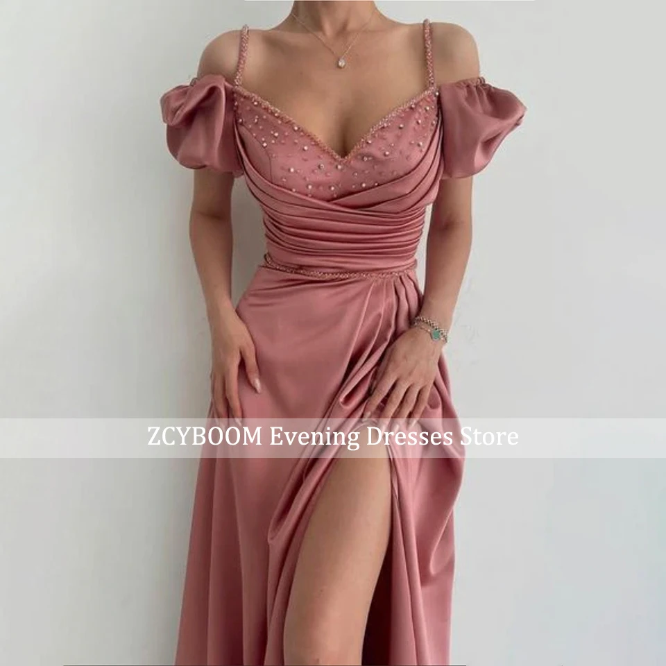 Customized Sexy Pink Side Slit Glitter Beading Prom Gowns 2025 Satin Sweetheart Long Formal Occasion Evening Dresses For Women