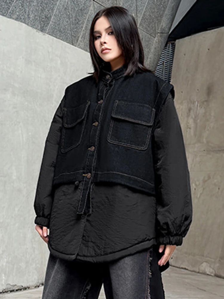 YERMORA negro falso dos piezas empalmado Denim Casual Chaqueta de algodón mujeres de manga larga suelta Chaqueta nueva moda Otoño Invierno 2025