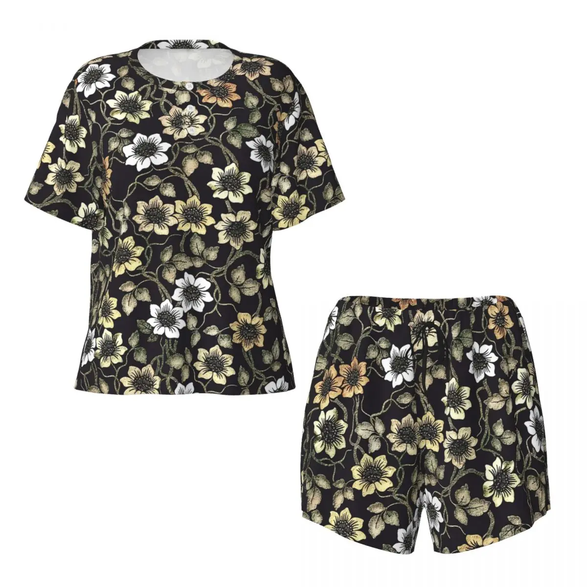 Retro Flower Pajamas Women Anemone Floral Cute Nightwear Spring Short Sleeve Two Piece Casual O Neck Pattern Pajama Sets 3