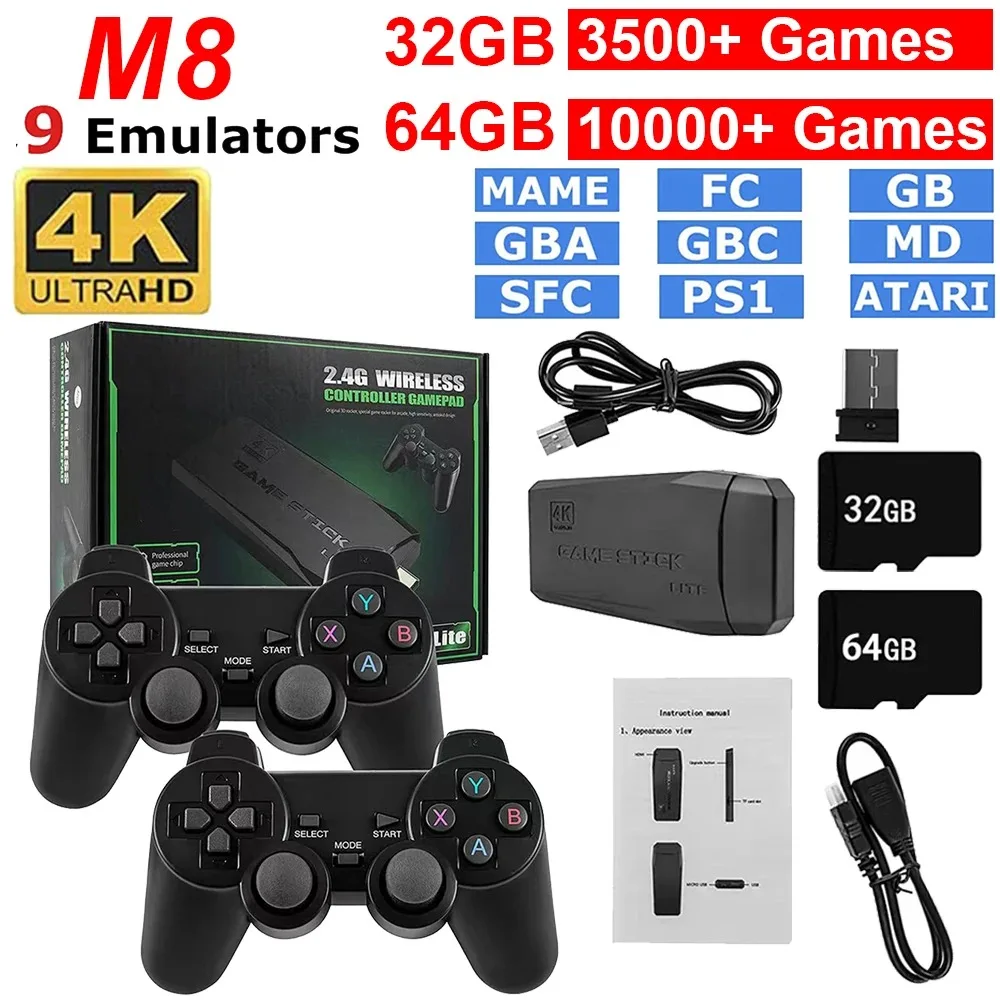 M8 Console de videogame, controlador sem fio duplo, vara de jogo, 4K, 10000 jogos, 2.4G, 32, 64G, jogos retro para PS1, MAME, FC