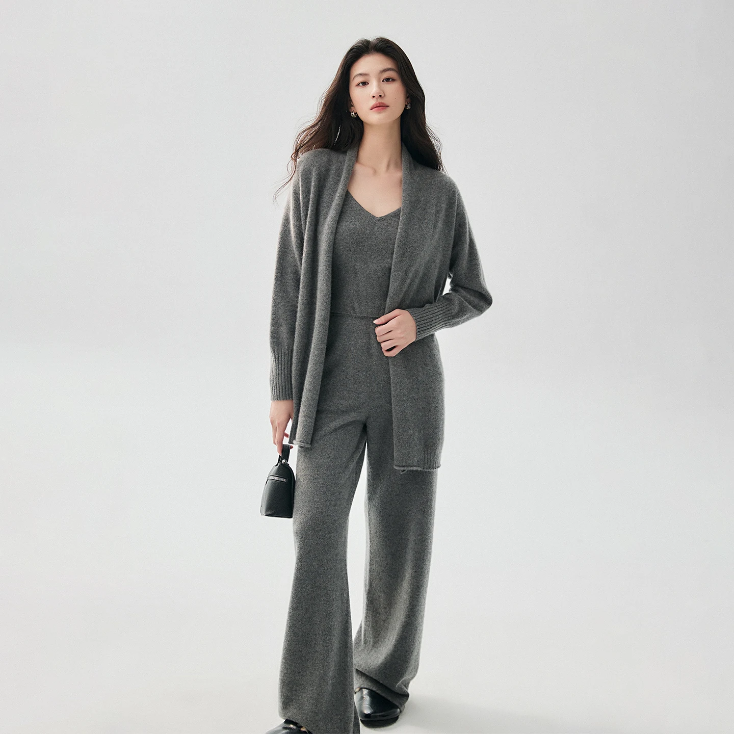 CHICUU Women 100% Cashmere Cardigan Vest Pants Suit High Quality Cardigan Sweater Wide Leg Pants V-neck Vest Knitwear Autumn