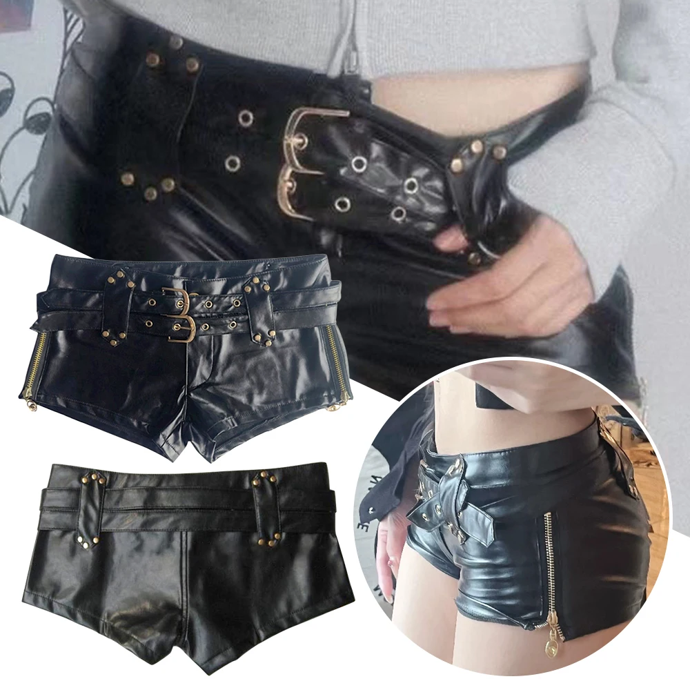 ファッショナブルなPUレザーベルト付きウルトラショートブーツ、スパイスガール、Y2K、ローウエスト、ドレスアップショートパンツ、ヴィンテージ、セクシーショートパンツ、レディース