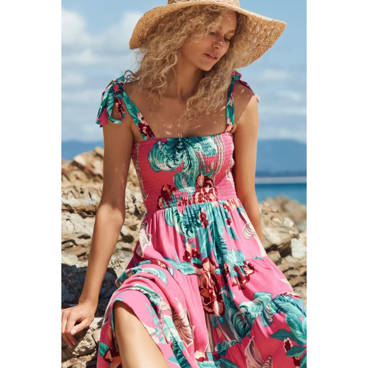 Boêmia Feminina Vestido Sem Mangas Estampado, Com Renda, Alças de Ombro, Feriado, Boho, Flowy, Casual, Praia, Estilingue, Vestido Longo