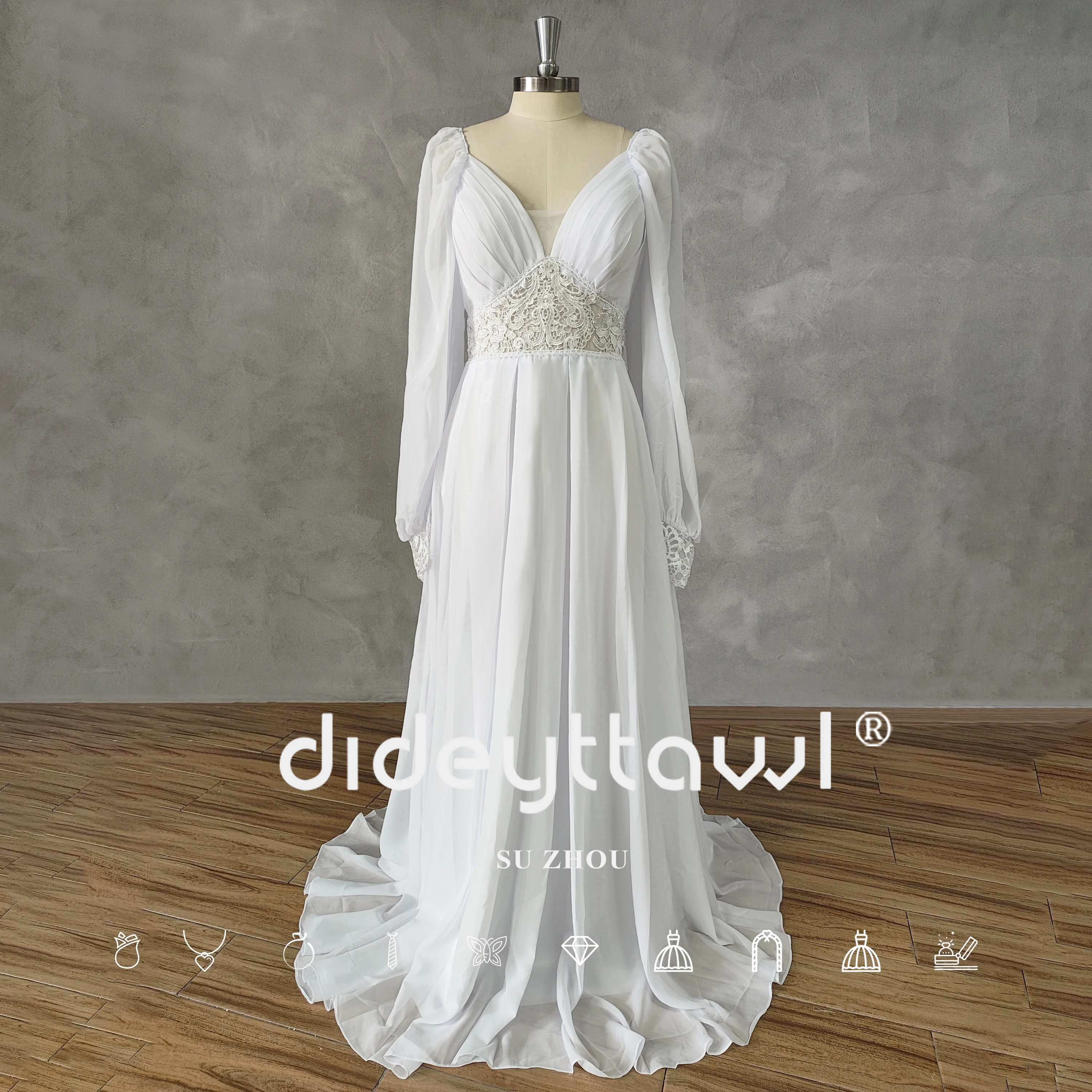 DIDEYTTAWL-manga comprida V-Neck plissados vestido de casamento para as Mulheres, vestido de noiva Chiffon, Real Picture, Zipper Back Lace, Court Train, Boho