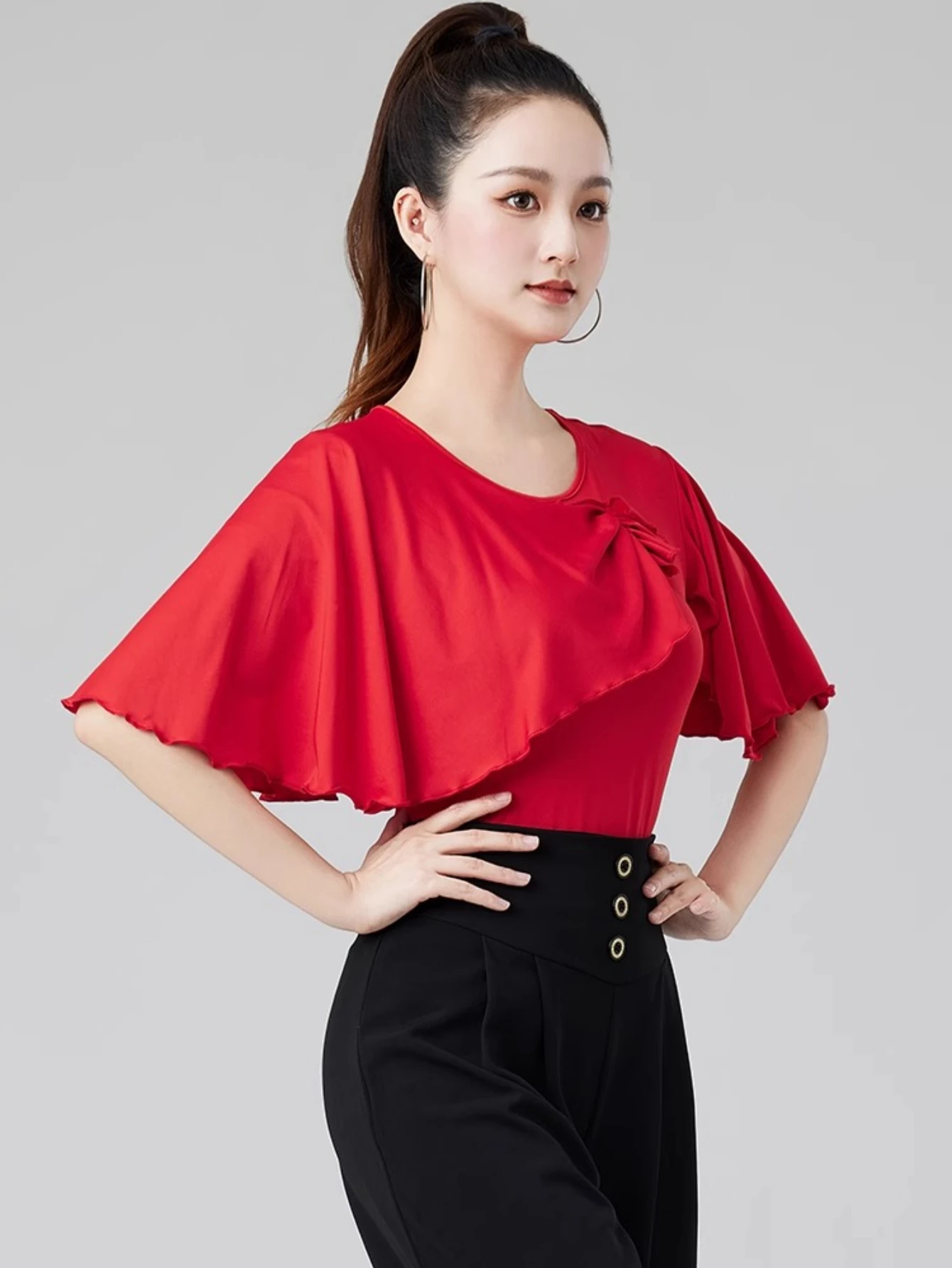 Korte mouwen danskleding top rood nieuwe latin dans tops danspak dames boven en onderkant moderne lijn dameskleding podiumkleding