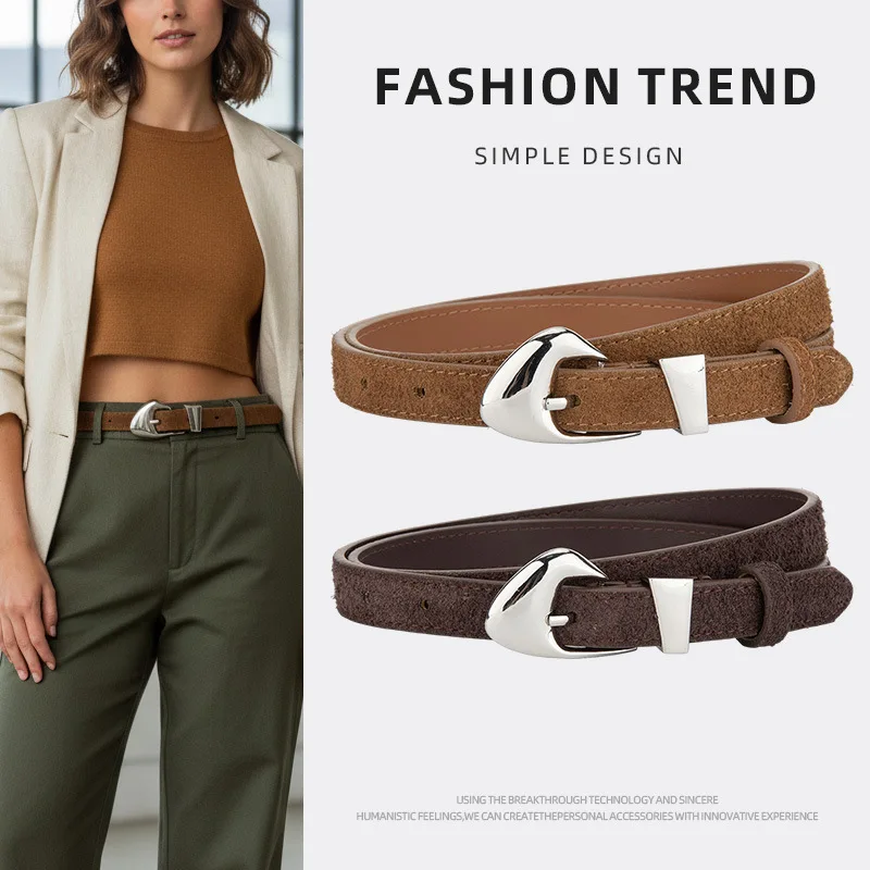 

Нишевый простой женский ремень из матовой воловьей кожи, натуральная кожа с серебряным украшением иглы, подходящие джинсы с ремнем для девочек