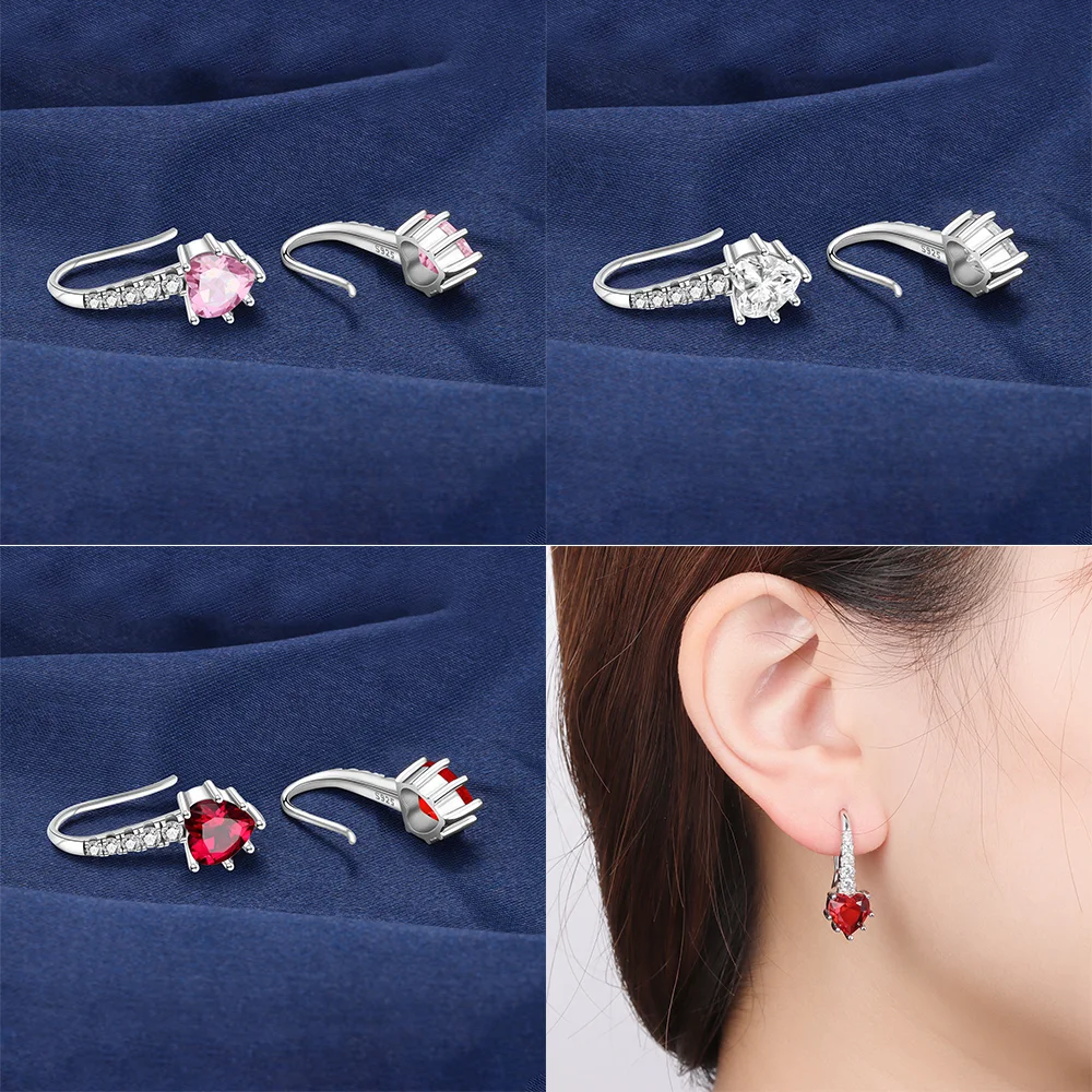 Red Zircon 925 Silver Earrings Heart Shaped Ear Hook Multi Layer Starlight Tassel Hoop Earrings for Women Birthday Jewelry Gift
