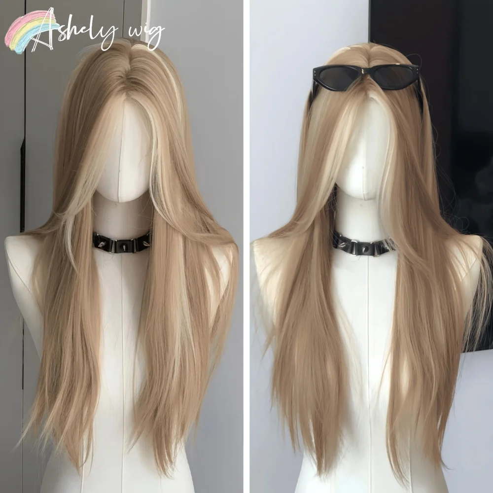 Ashely Wig for Women Long Straight Blonde Brown Wig Asian American High Style Lace Front Wig for Daily Use Cosplay Ombre  Peluca