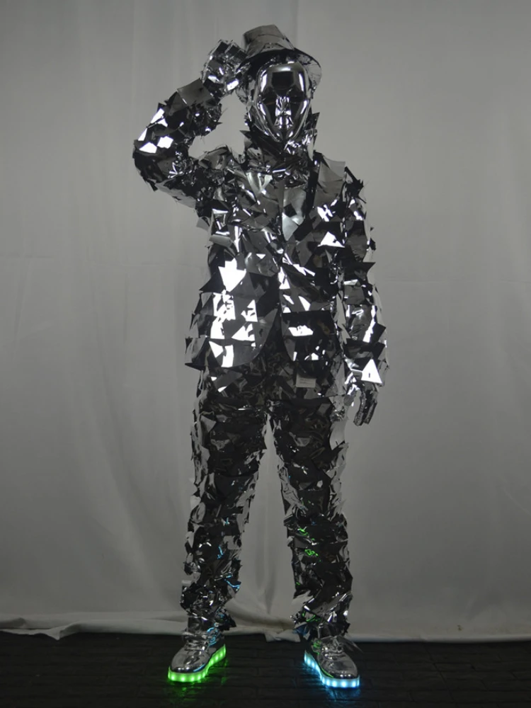 Silver Mirror Paper Men Costume Suit Creative Stage Performance Props Mechanical Dance Clothes DJ Bar Nightclub Show Clothing