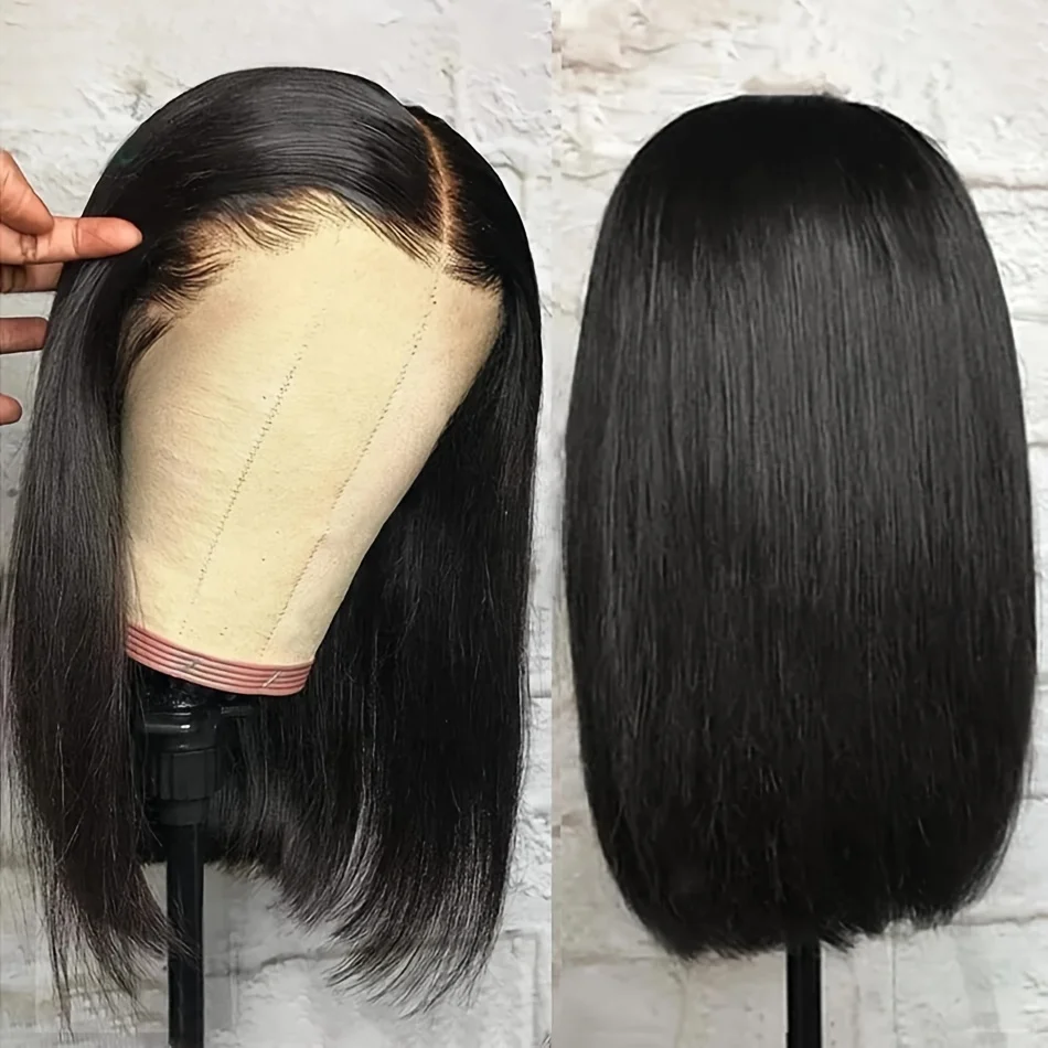 Peruca natural de cor preta para mulheres, cabelo humano reto curto, renda frontal 13x4, densidade de 150%, 10-12"