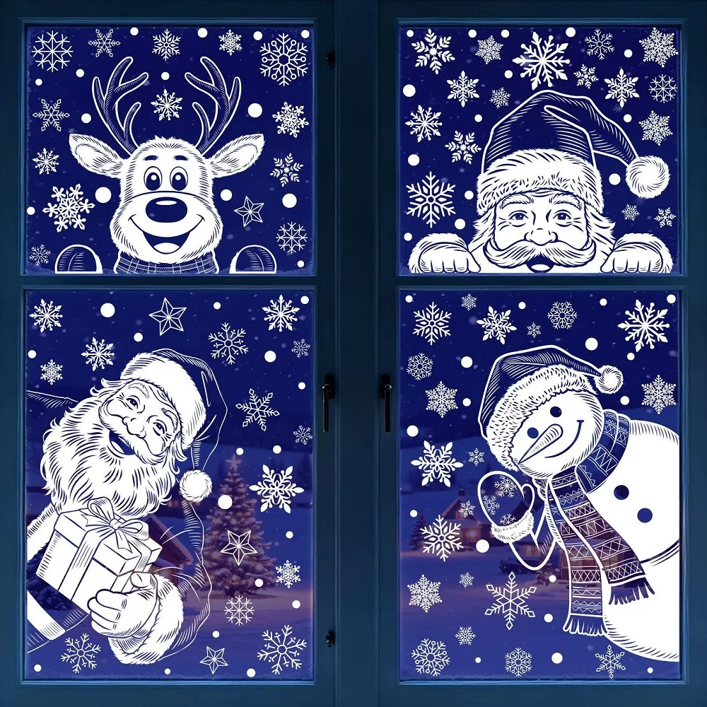 Weiße Weihnachtsbaum-, Weihnachtsmann-, Schneemann- und Elch-Fensteraufkleber zur Dekoration für Zuhause, Büro, Einkaufszentrum und Schaufenster – Detail 3