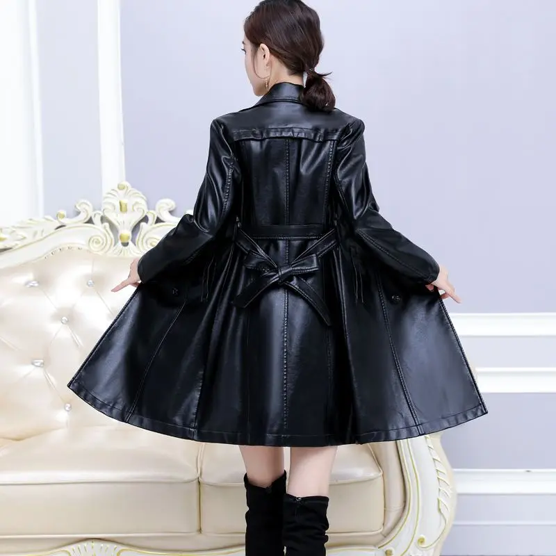 Autumn Winter Leather Jacket Women Big Size Double Breasted Leather Coat Women Long Trench Coat Belt 7Xl