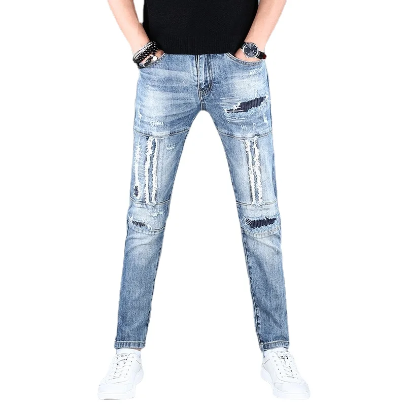 Summer Light Blue Ripped Jeans Men Streetwear Casual Patchwork Slim Fit Straight Denim Pants