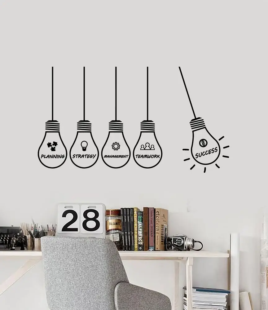 Office Vinyl Detachable Wall Sticker Office Successful Planning Creative Light Bulb Sticker Home Office Study Room Art Decor Bg7