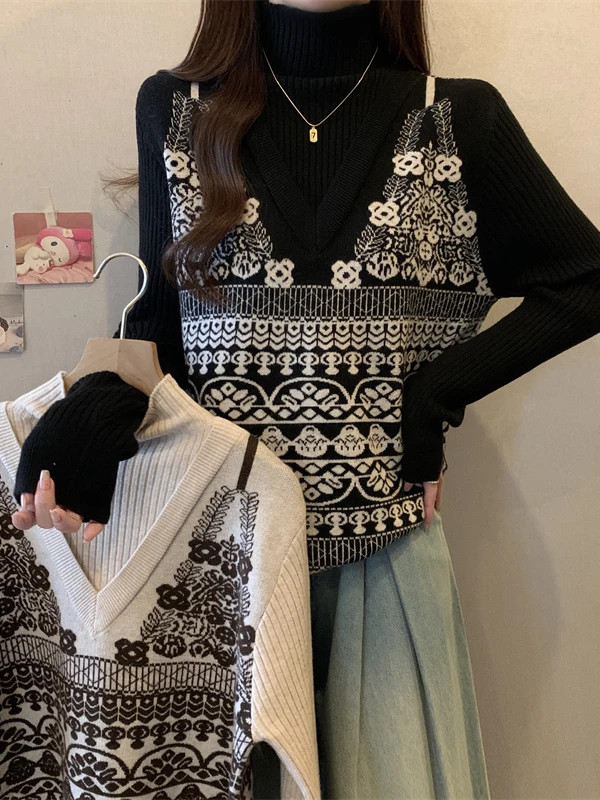 

Women's Knitted Floral Embroidery Top High Collar Base Layer plus Size Inner Wear Comfortable Long Sve Autumn Winter irt